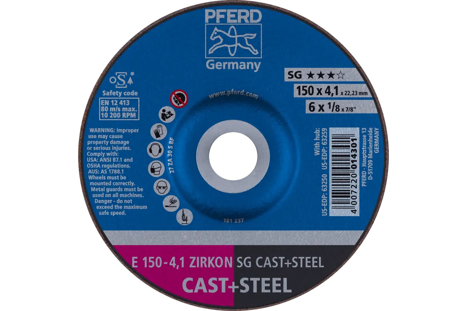 Picture of Pferd Grinding Wheel, 6" X 1/8 X 7/8, Zirkon Sg Cast+Steel, T27, Za, Ao